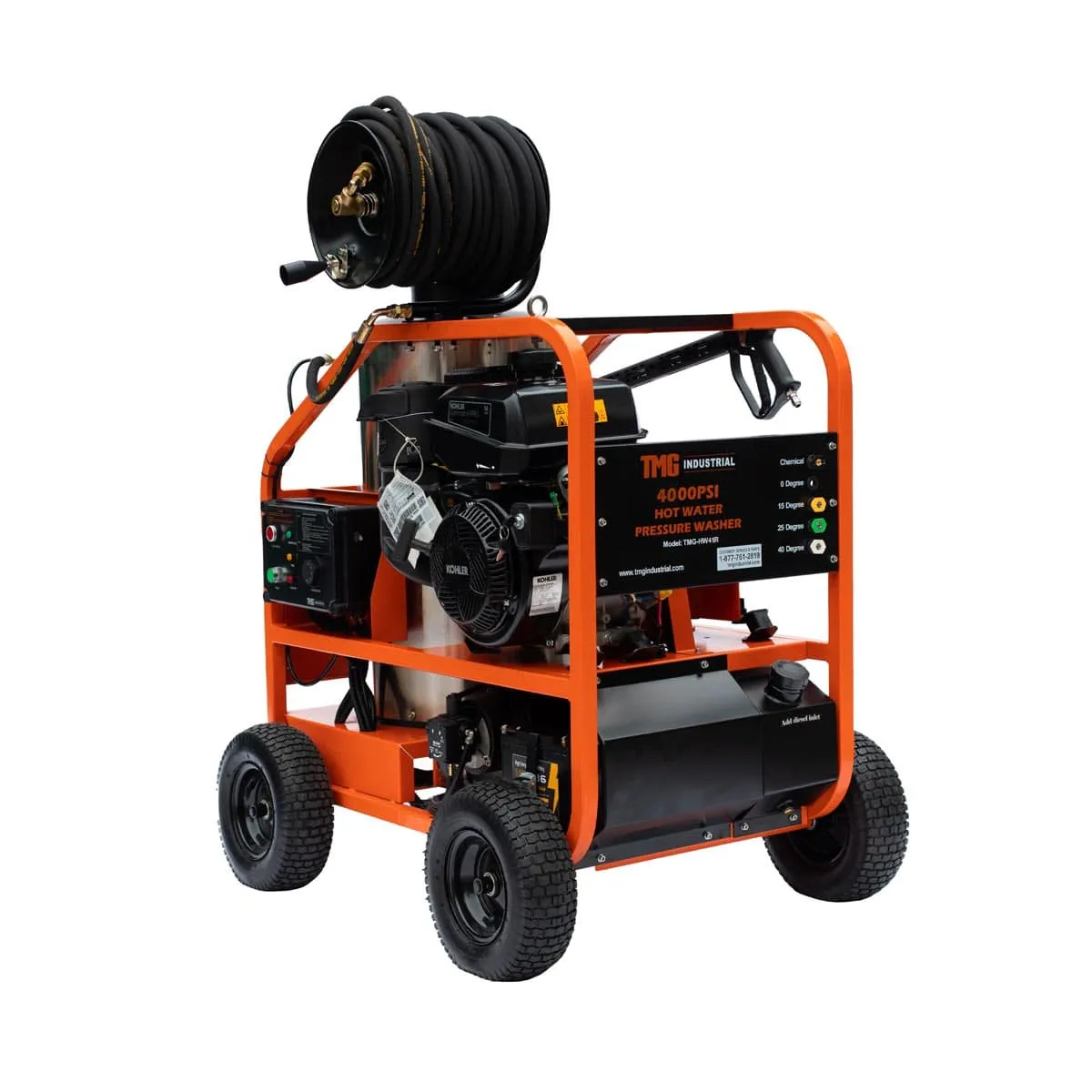 TMG Industrial 4000 PSI Hot Water Pressure Washer with 85’ Hose Reel, 14 HP Kohler Engine, Electric Start, Gas Fired, Triplex Plunger Pump, TMG-HW41R