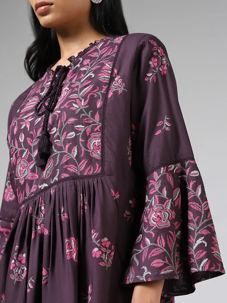 Utsa Dark Purple Floral Printed Bell Sleeves Gathered Kurti