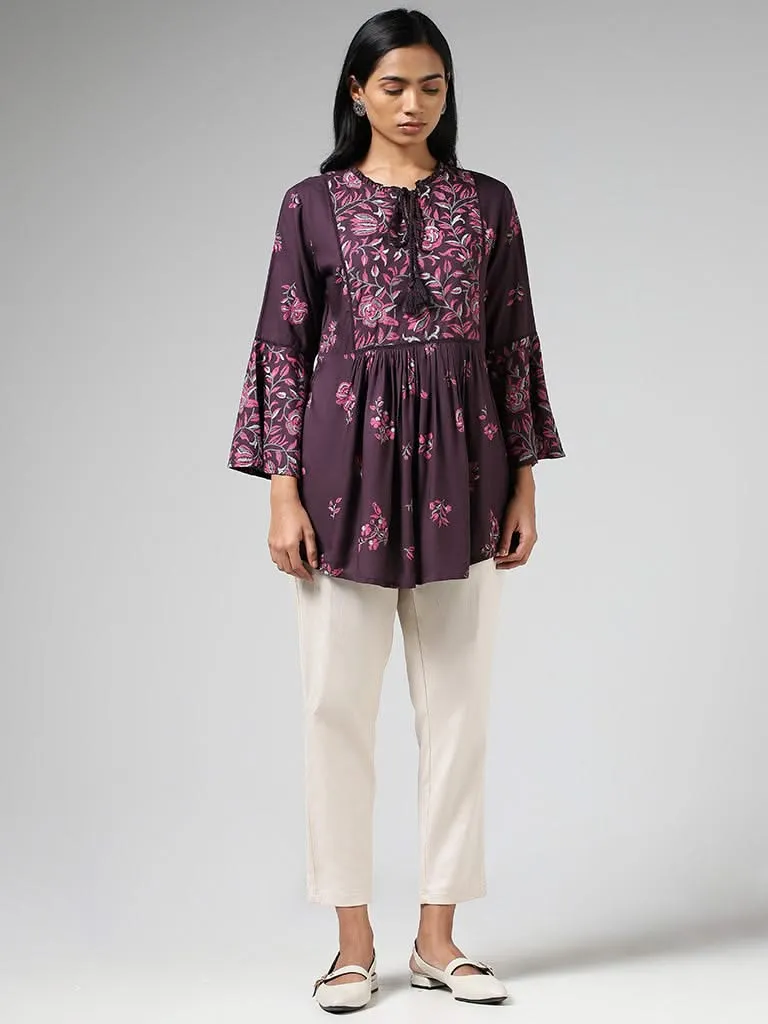 Utsa Dark Purple Floral Printed Bell Sleeves Gathered Kurti