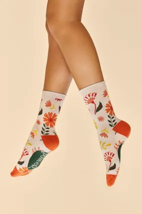 Watercolour Flowers Ankle Socks - Cream