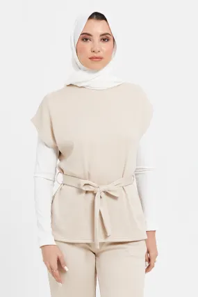 Women Beige Ribbed Belted Tunic Top