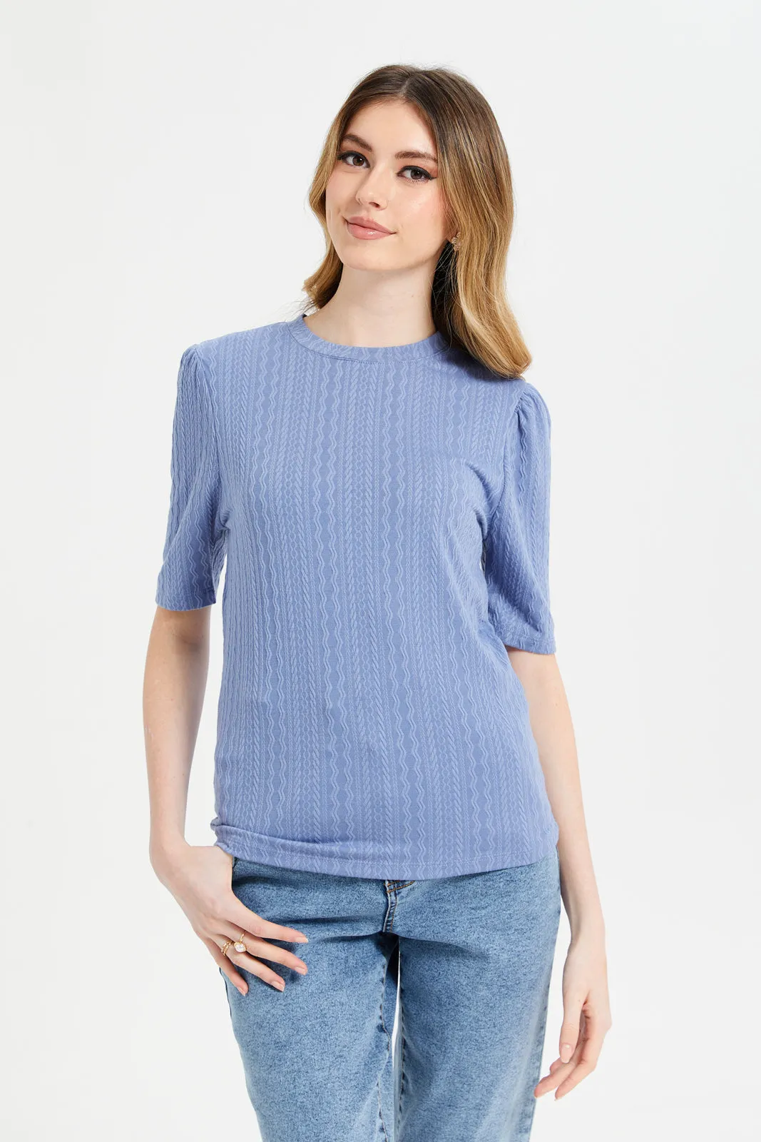 Women Blue Formal Elbow Sleeves Top