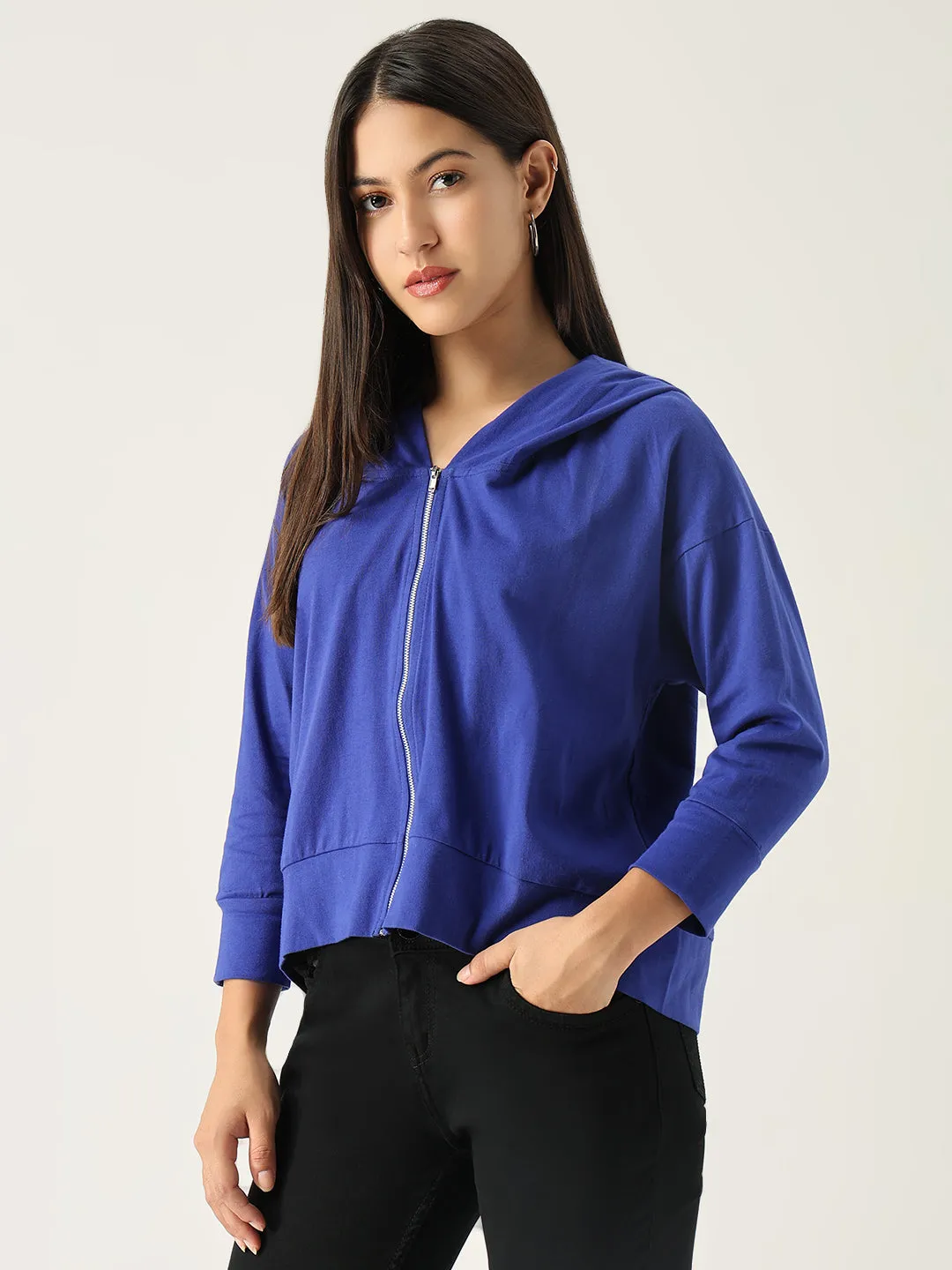 Women Blue Solid Hooded Sweatshirt