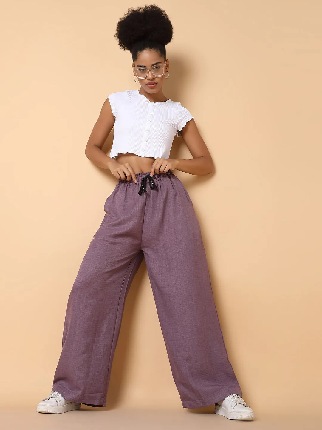 Women Flat Front Solid Lavender Trousers