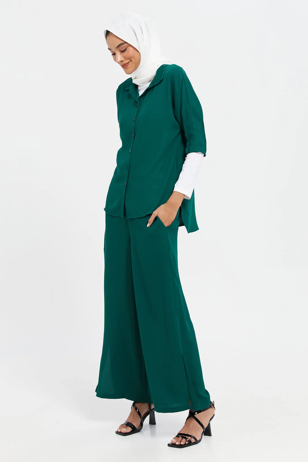 Women Green Wide Leg Elasticated Trouser