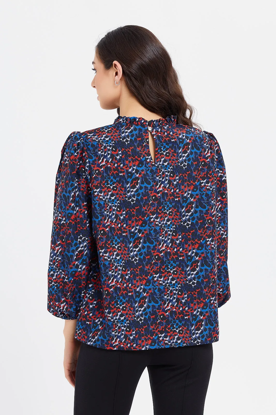 Women Navy Printed Ruffled Neck Blouse