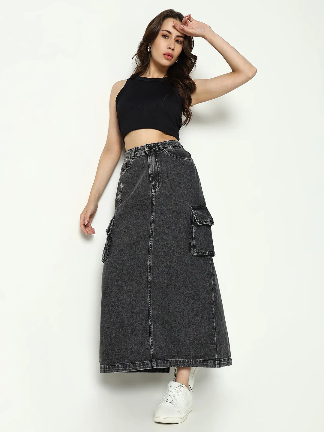 Women Solid Grey Straight Denim Skirt