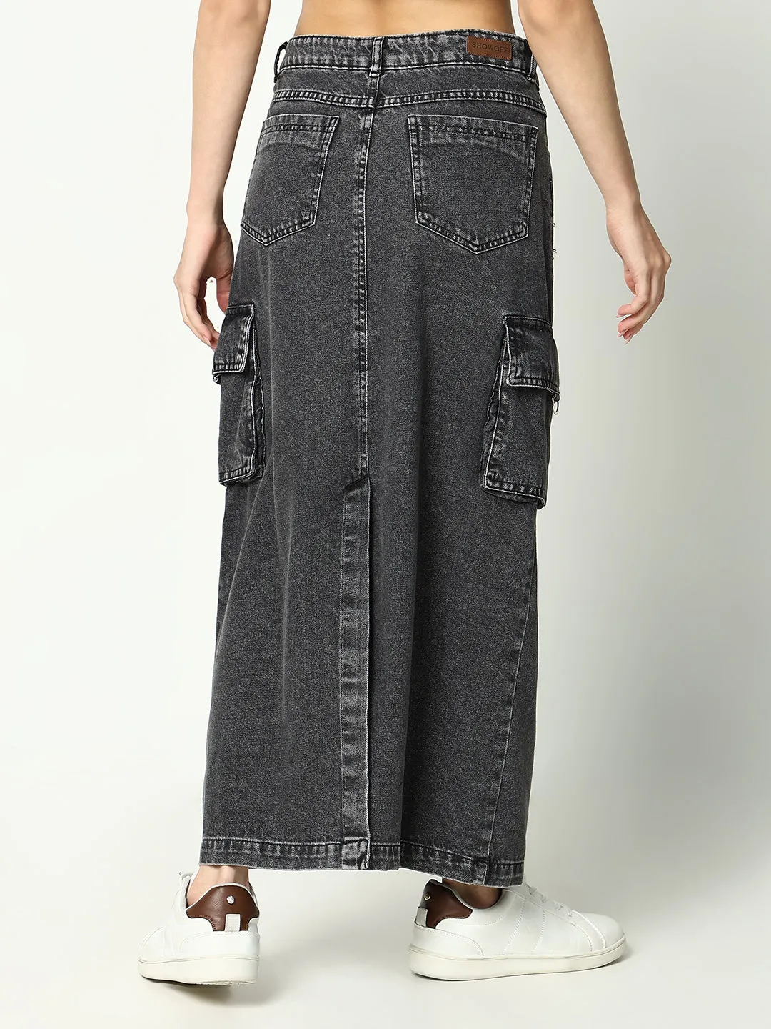 Women Solid Grey Straight Denim Skirt