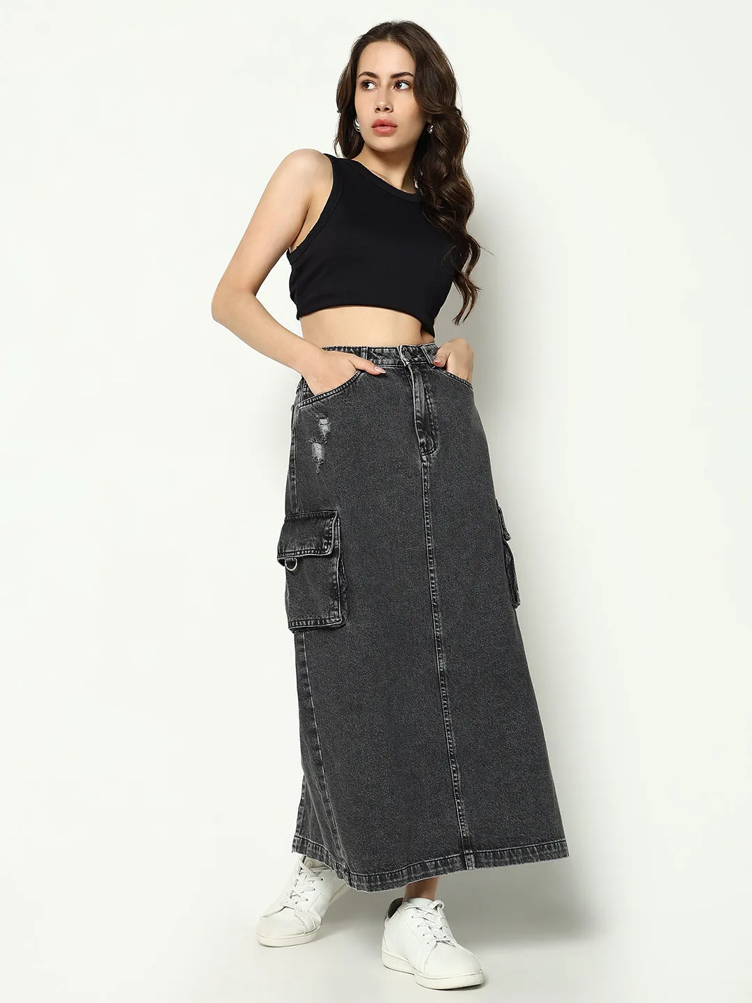 Women Solid Grey Straight Denim Skirt