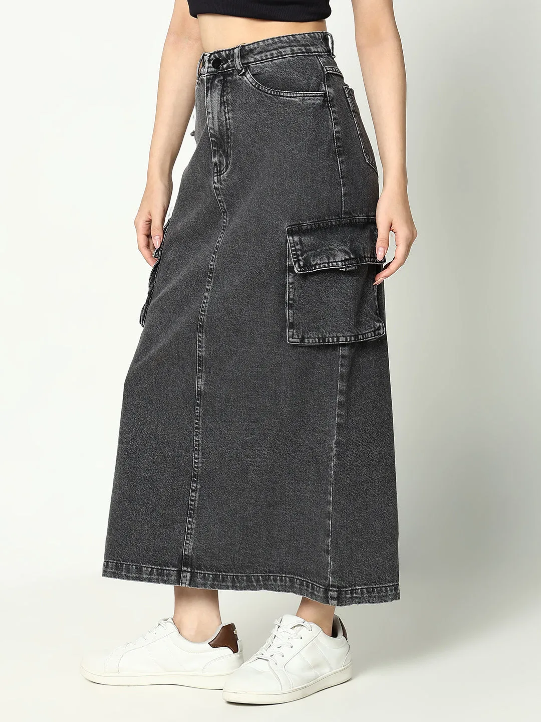 Women Solid Grey Straight Denim Skirt