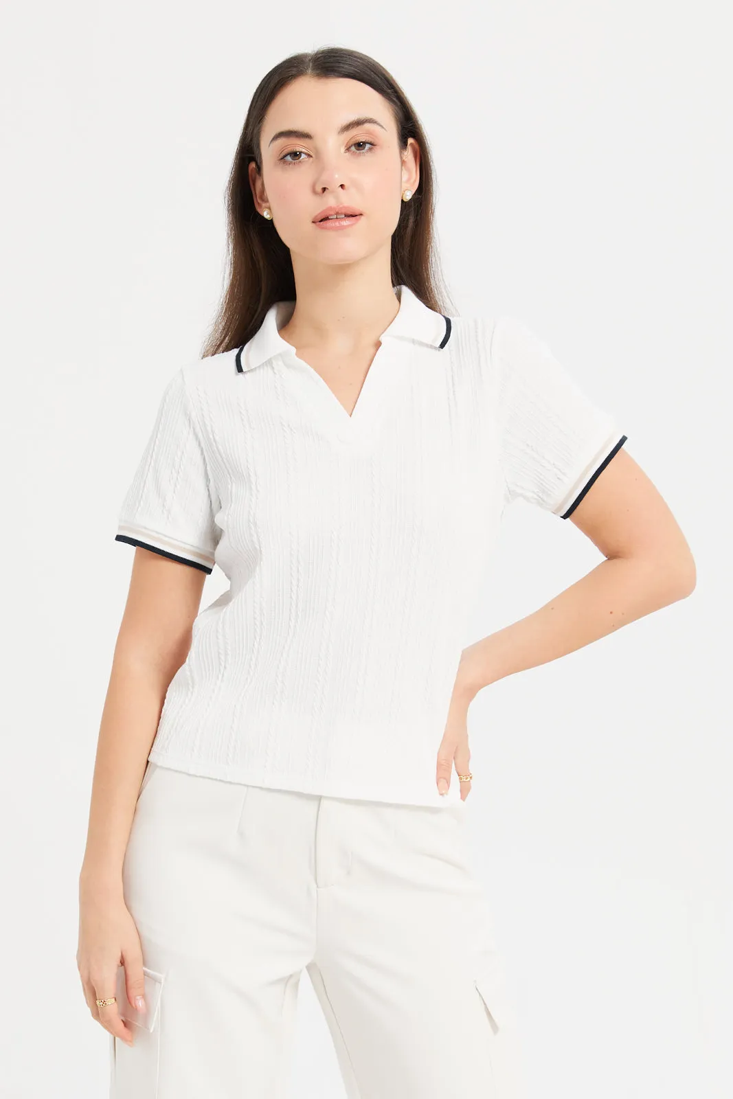 Women White Jacquard Polo Shirt