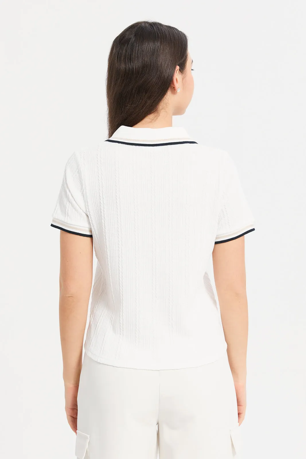 Women White Jacquard Polo Shirt