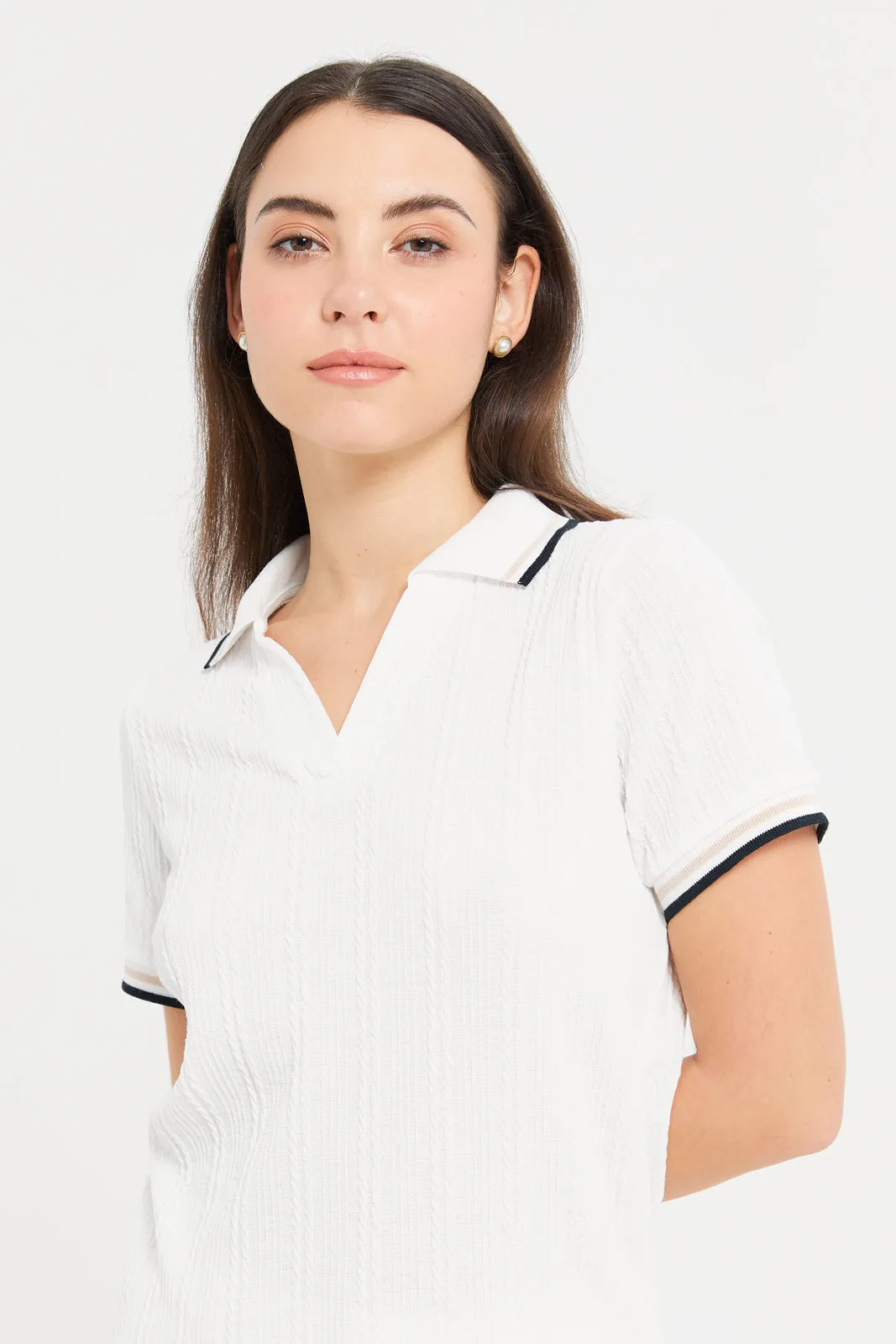 Women White Jacquard Polo Shirt