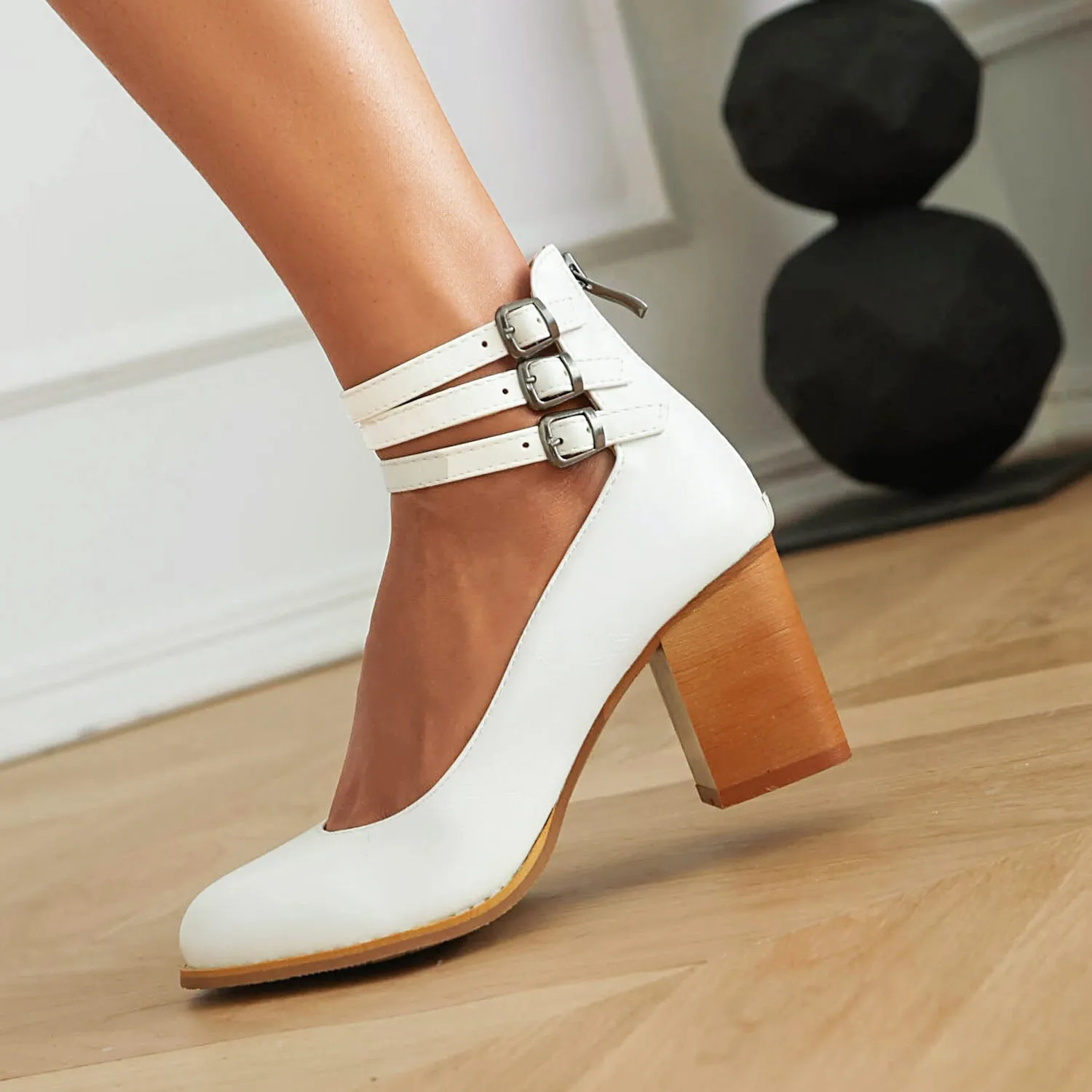 Women's Ankle Strap Back Zipper Sandals Chunky Heel Roman Style Shoes