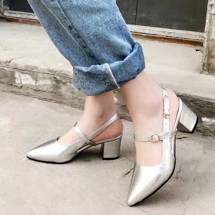 Women's Solid Color Glossy Pointed Toe Hollow Out Block Heel Sandals