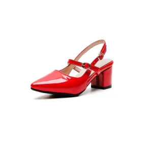 Women's Solid Color Glossy Pointed Toe Hollow Out Block Heel Sandals