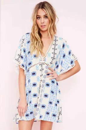 Yaritza Eyelit Mixed Print Dress Blue